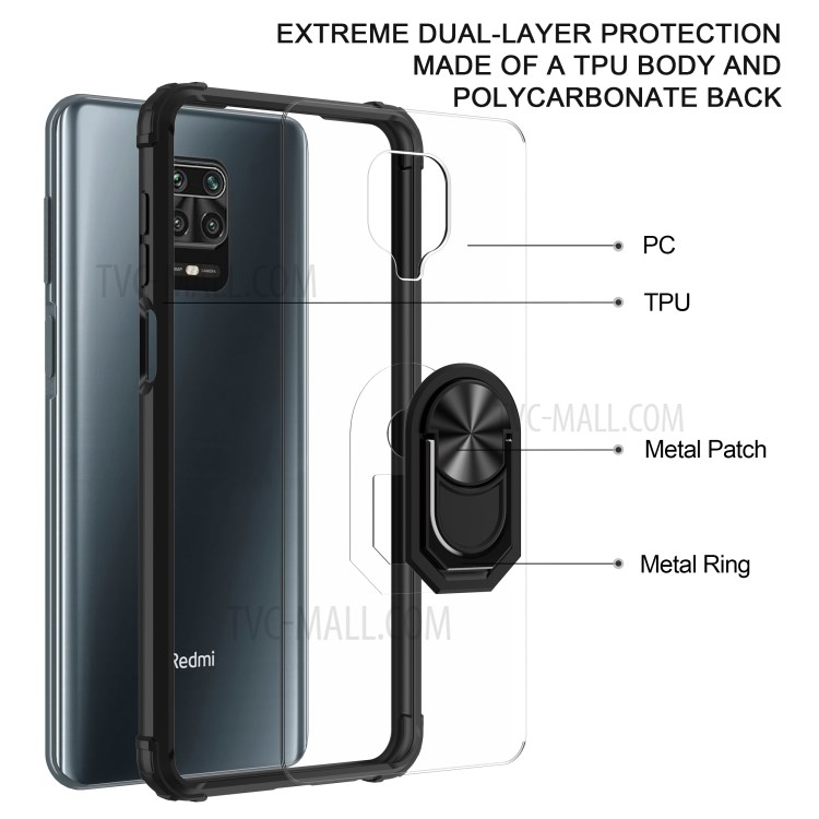 With Ring Holder Kickstand Acrylic TPU Cell Phone Shell for Xiaomi Redmi Note 9S/9 Pro Max/9 Pro - Black-7