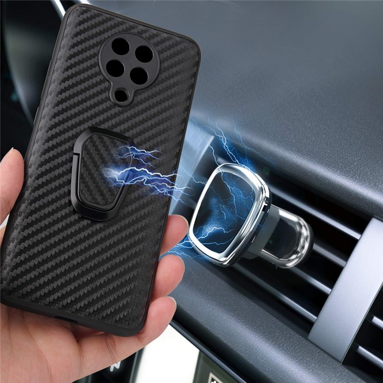 With Finger Ring Holder PC+TPU+PU Leather Cover for Xiaomi Poco F2 Pro/Redmi K30 Pro - Carbon Fiber Texture-9