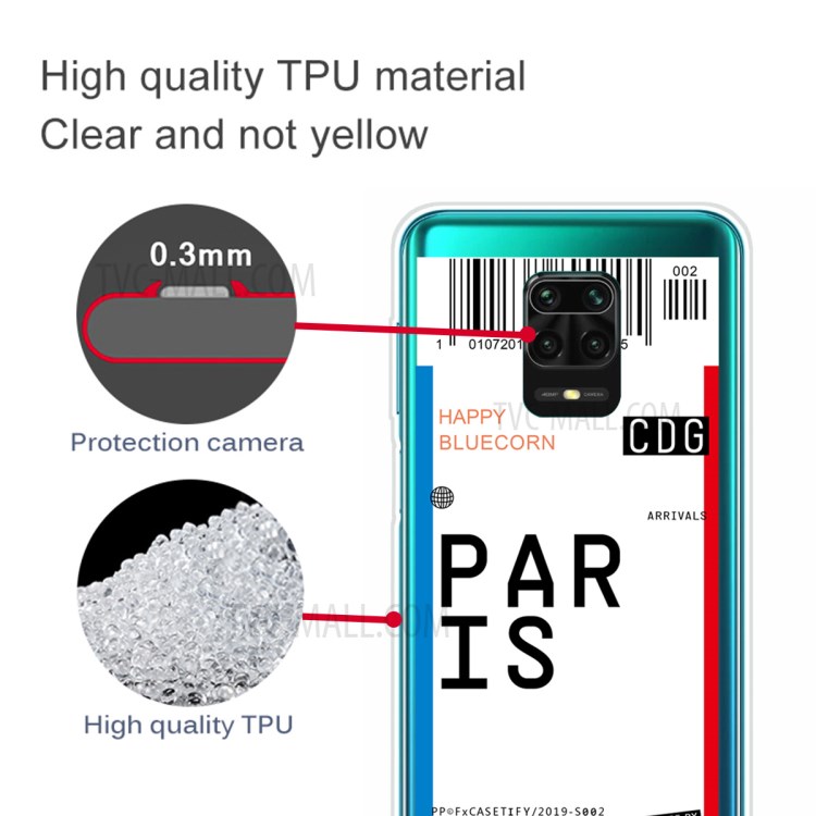 Boarding Pass City Bar Code Pattern TPU Cover for Xiaomi Redmi Note 9 Pro Max/9 Pro/9S - PARIS-3