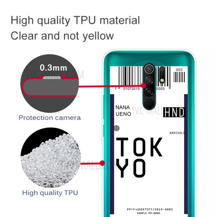 Boarding Pass City Bar Code Pattern Shell Soft TPU Mobile Casing for Xiaomi Redmi 9 - TOKYO/NANA UENO-3