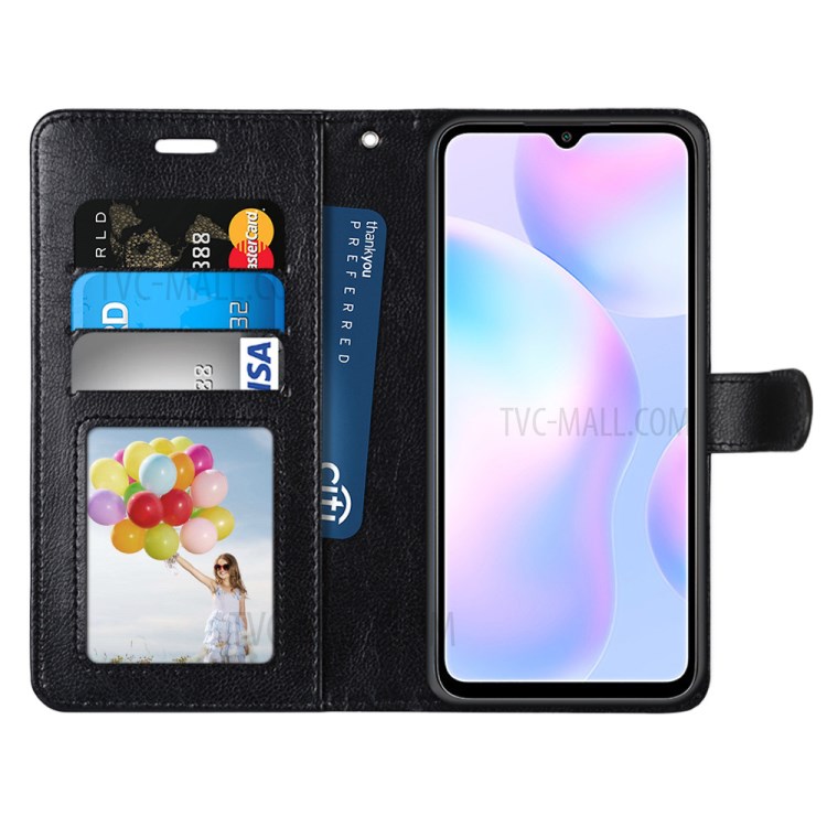 Wallet Stand Leather Protector Cell Phone Case for Xiaomi Redmi 9A - Black-3