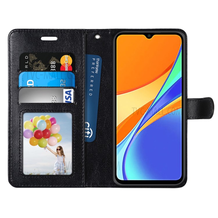 Wallet Stand Leather Protective Cell Phone Case for Xiaomi Redmi 9C - Black-3