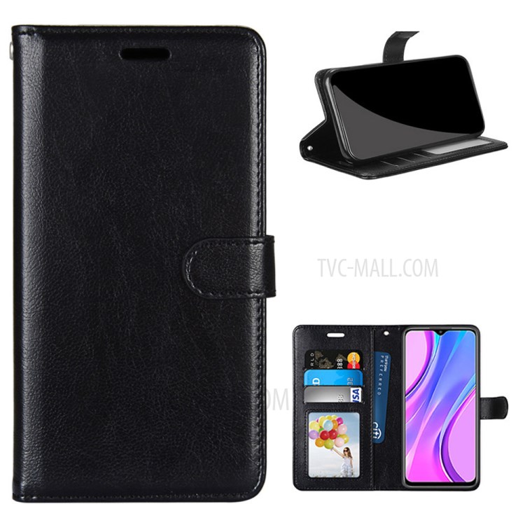 Leather Phone Case Wallet Stand Protective Cover for Xiaomi Redmi 9 - Black-1