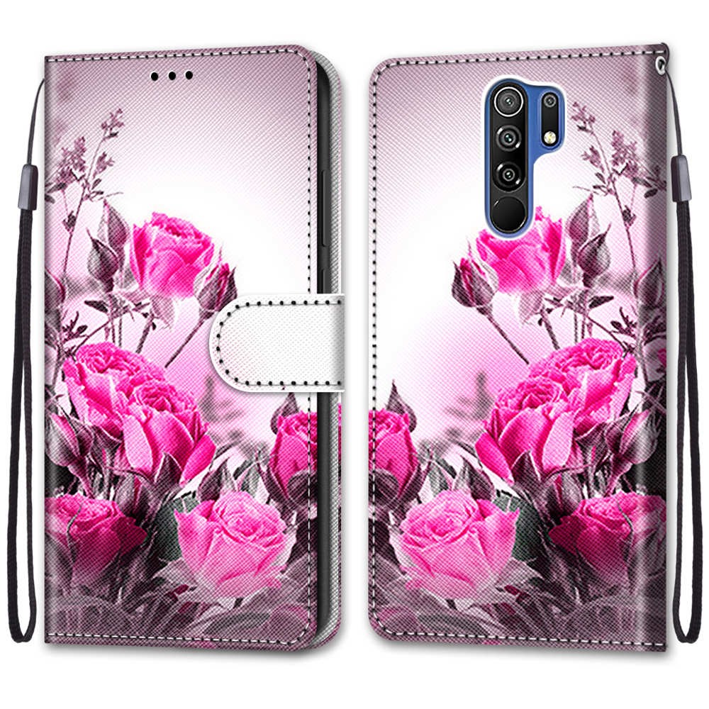 Cross Texture Printing Leather Cover with Strap for Xiaomi Redmi 9 - Flower-2