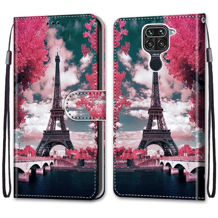 Pattern Printing Cross Texture Leather Wallet Phone Case with Strap for Xiaomi Redmi 10X 4G/Note 9 - Eiffel Tower-2