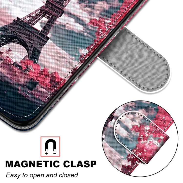 Modèle Impression de Texture Croisée Portefeuille en Cuir Case de Téléphone Avec Sangle Pour Xiaomi Redmi 10x 4g / Note 9 - Tour Eiffel