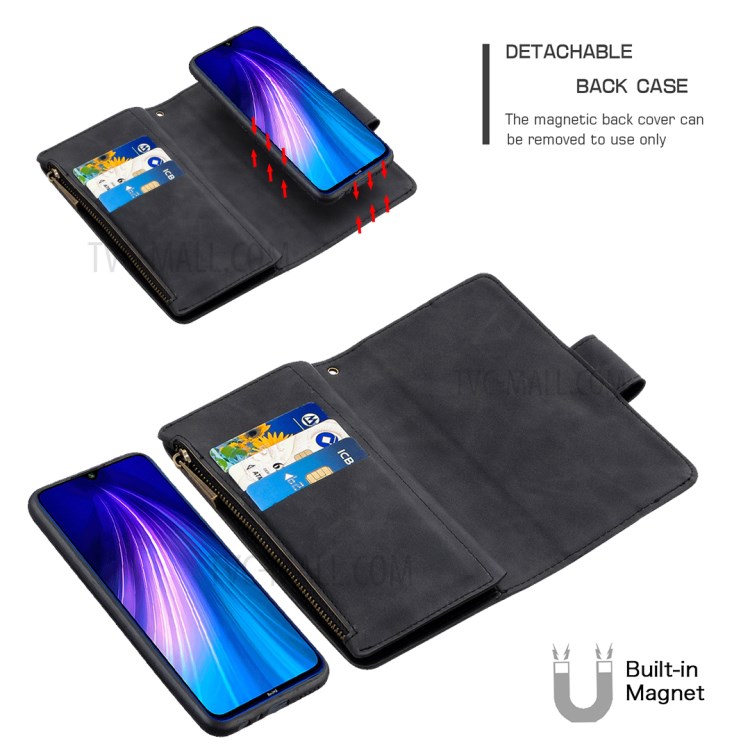 Zipper Pocket Detachable 2-in-1 Leather Wallet Stand Case for Xiaomi Redmi Note 8T - Black-7