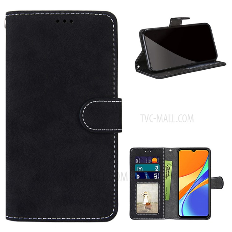 Retro Matte Wallet Leather Stand Case for Xiaomi Redmi 9C - Black-1