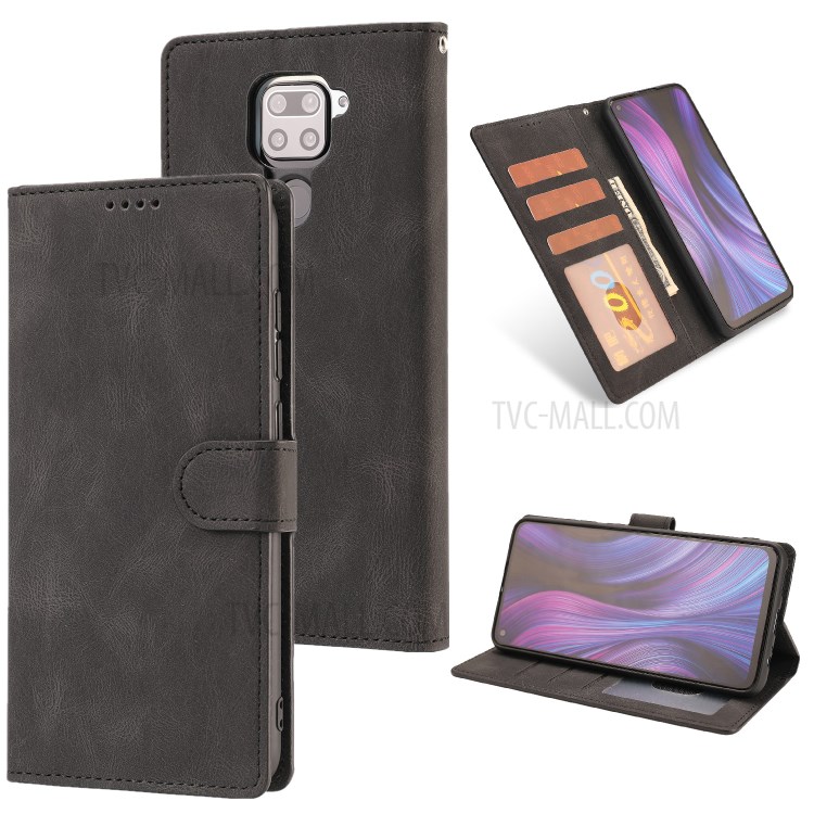 Classic Style Leather Wallet Stand Phone Cover Case for Xiaomi Redmi Note 9 - Black-1