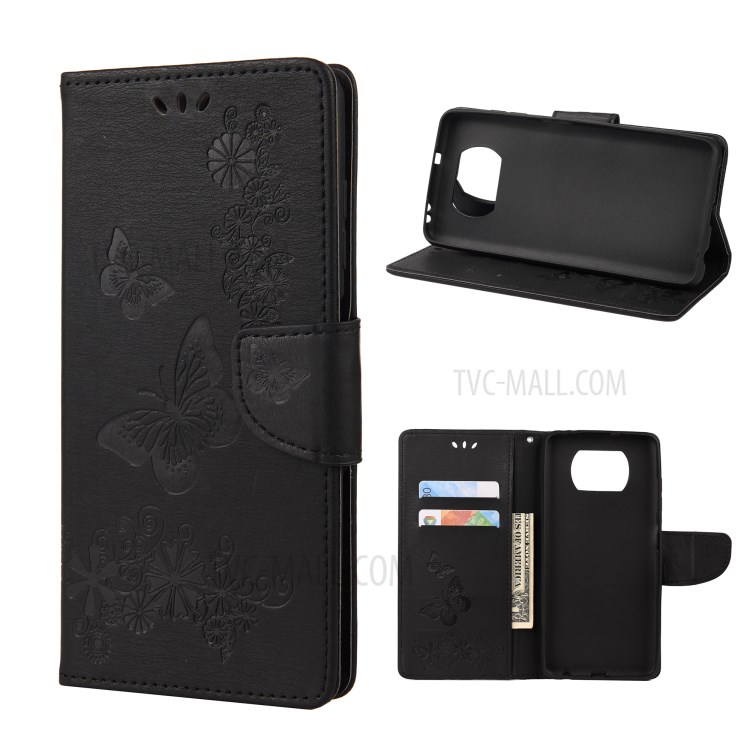 Imprint Butterflies Wallet Stand Flip Leather Phone Cover for Xiaomi Poco X3 NFC - Black-1