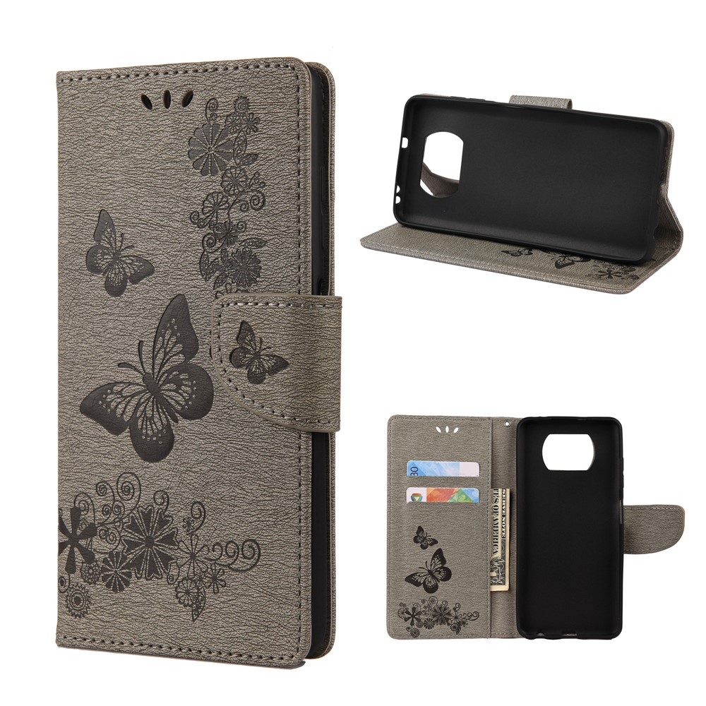 Imprint Butterflies Wallet Stand Flip Leather Phone Cover for Xiaomi Poco X3 NFC - Grey-1