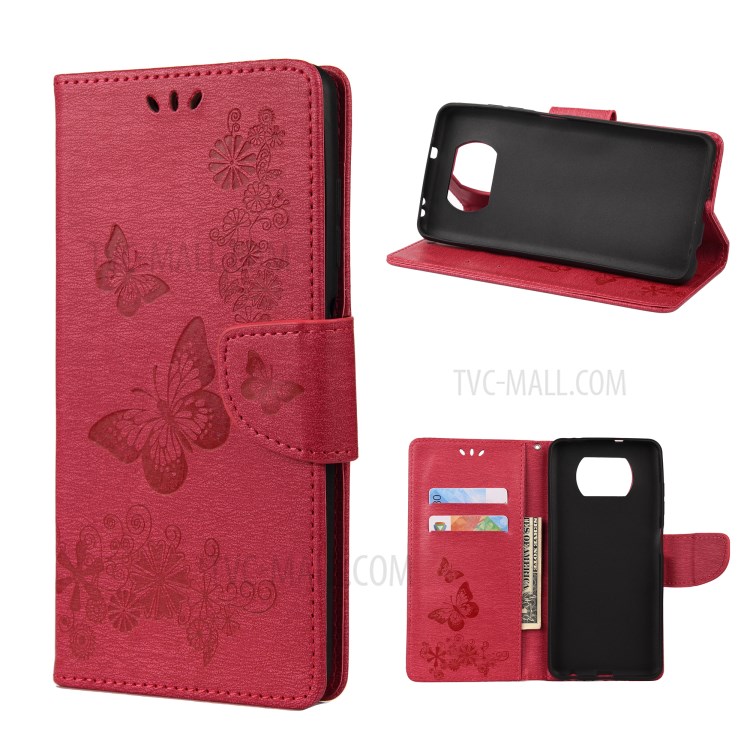 Imprint Butterflies Wallet Stand Flip Leather Phone Cover for Xiaomi Poco X3 NFC - Red-1