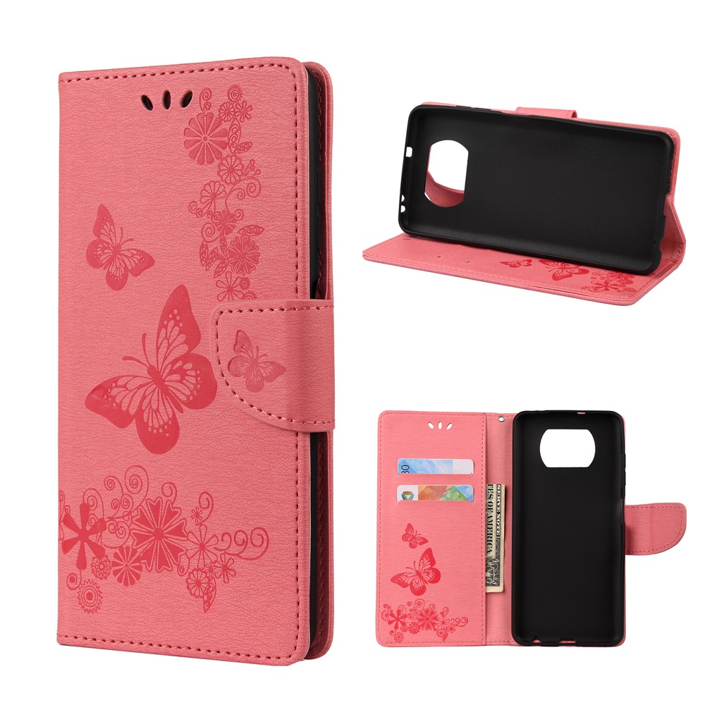 Imprint Butterflies Wallet Stand Flip Leather Phone Cover for Xiaomi Poco X3 NFC - Pink-1