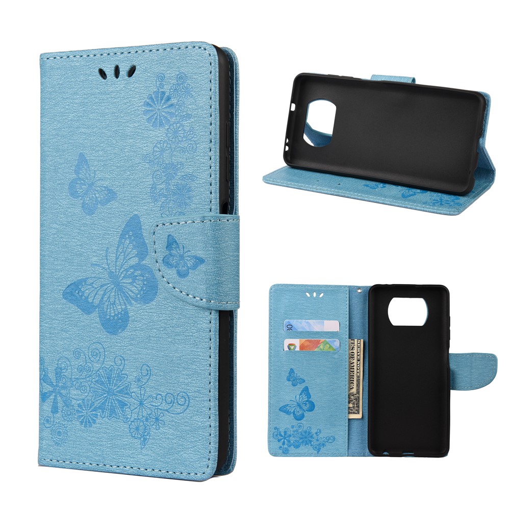 Imprint Butterflies Wallet Stand Flip Leather Phone Cover for Xiaomi Poco X3 NFC - Blue-1