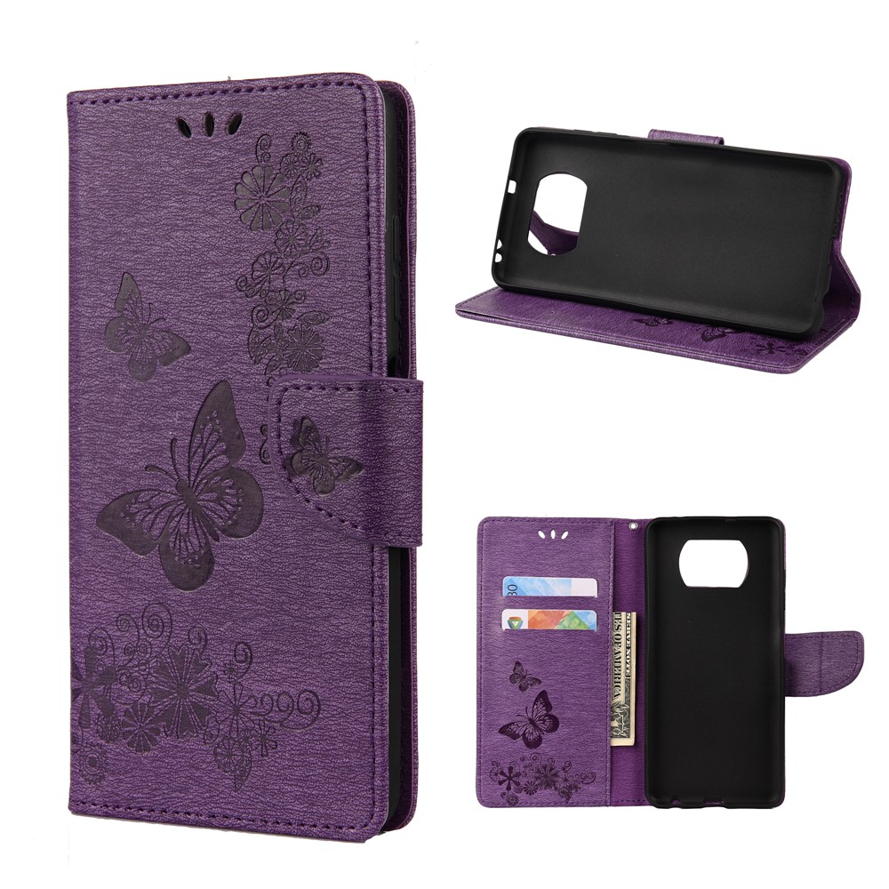 Imprint Butterflies Wallet Stand Flip Leather Phone Cover for Xiaomi Poco X3 NFC - Purple-1