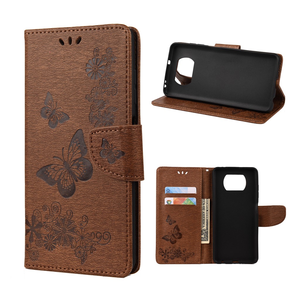 Imprint Butterflies Wallet Stand Flip Leather Phone Cover for Xiaomi Poco X3 NFC - Brown-1