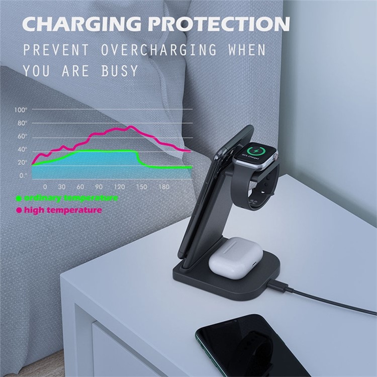 15W 3 En 1 QC 3.0 Chargeur De Chargeur Sans Fil Vertical Pour Téléphone Portable / Montre Apple / AirPods - Noir-4