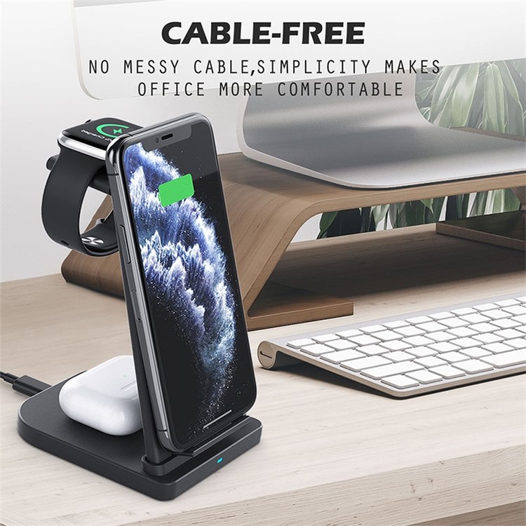15W 3 En 1 QC 3.0 Chargeur De Chargeur Sans Fil Vertical Pour Téléphone Portable / Montre Apple / AirPods - Noir-6