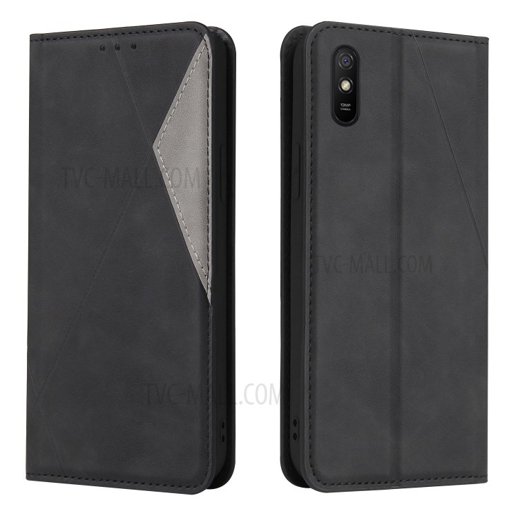 Geometric Splicing Card Slots Stand Leather Case for Xiaomi Redmi 9A - Black-1