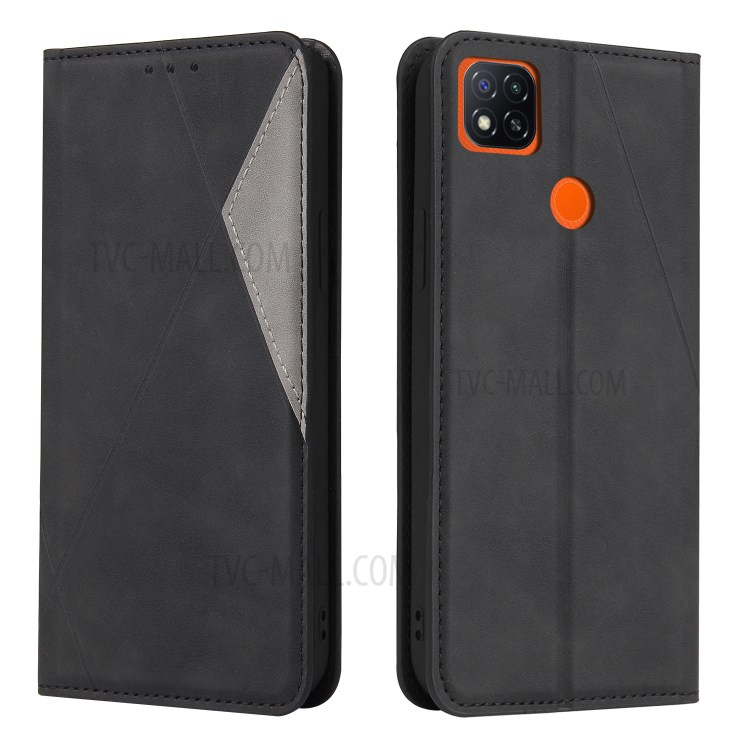 Geometric Splicing Card Slots Stand Leather Case for Xiaomi Redmi 9C - Black-1