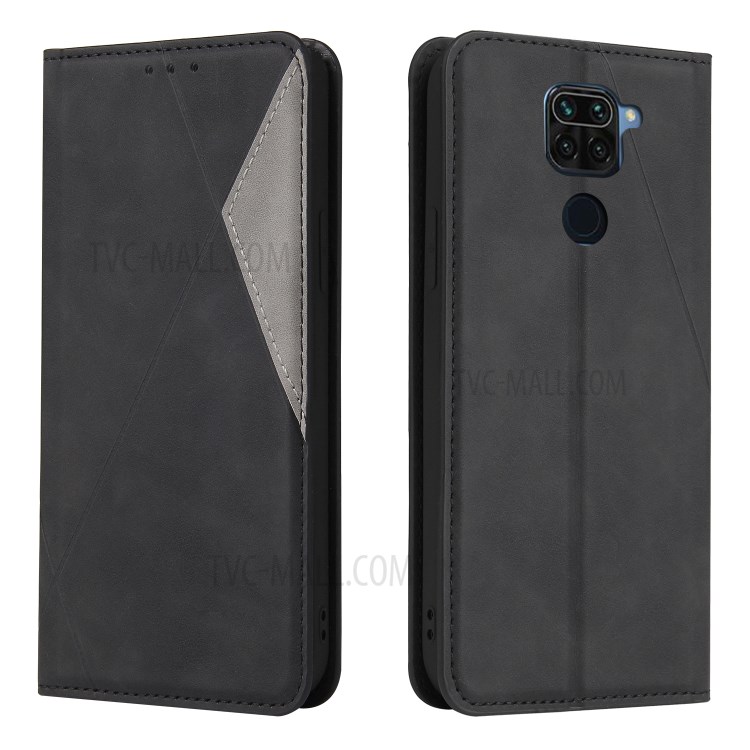 Geometric Splicing Card Slots Stand Leather Case for Xiaomi Redmi Note 9 - Black-1