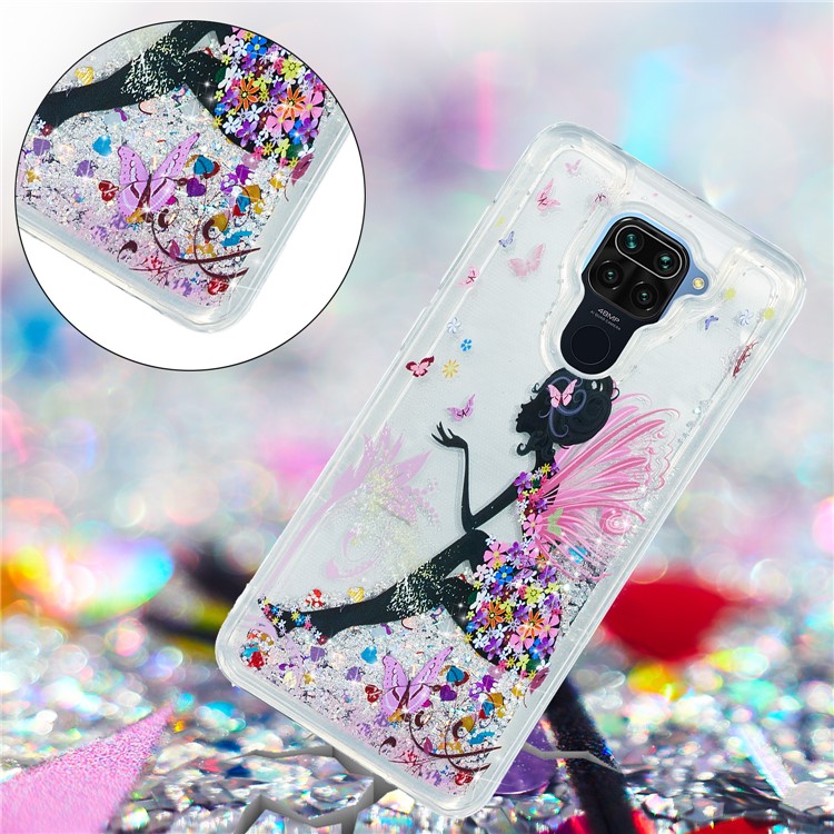 Pattern Printing Embossed Glitter Powder Quicksand TPU Case for Xiaomi Redmi Note 9 - Flower Fairy-2