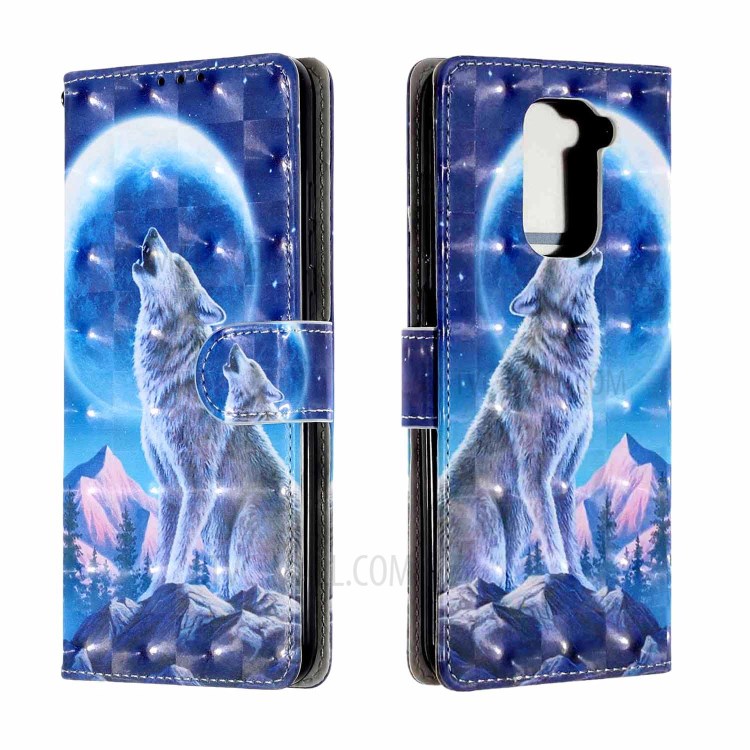 PU Leather 3D Patterned Light Spot Decor Phone Case for Xiaomi Redmi Note 9 - Wolf and Moon-1