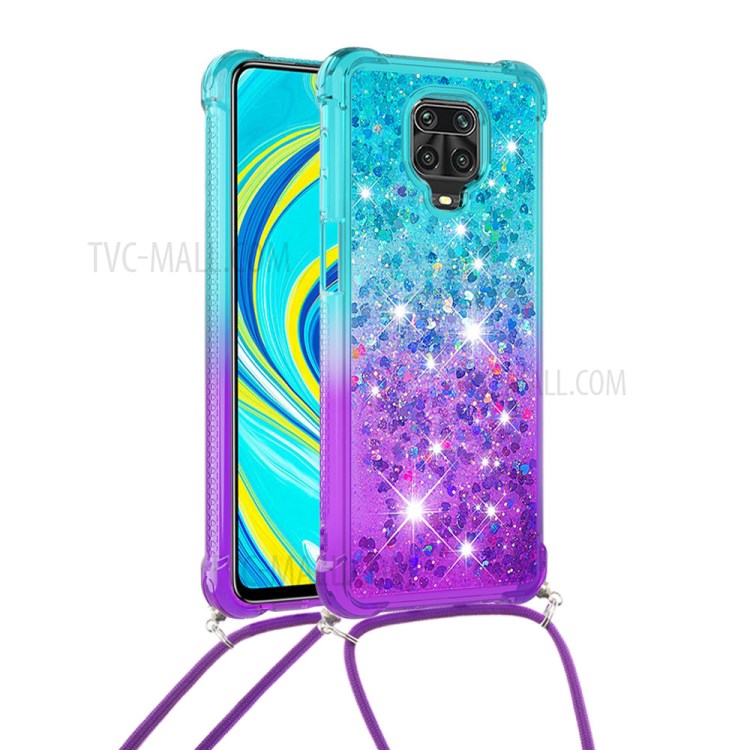 Shockproof Gradient Glitter Powder Quicksand TPU Phone Shell with Strap for Xiaomi Redmi Note 9 Pro - Cyan/Purple-1