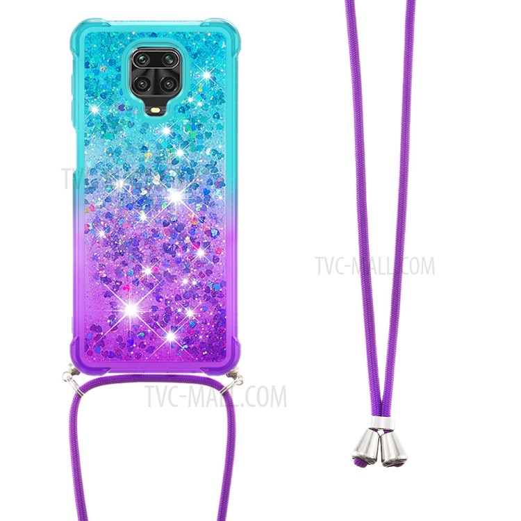 Shockproof Gradient Glitter Powder Quicksand TPU Phone Shell with Strap for Xiaomi Redmi Note 9 Pro - Cyan/Purple-2