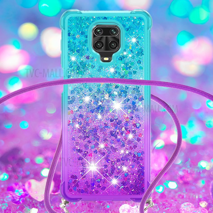 Shockproof Gradient Glitter Powder Quicksand TPU Phone Shell with Strap for Xiaomi Redmi Note 9 Pro - Cyan/Purple-4