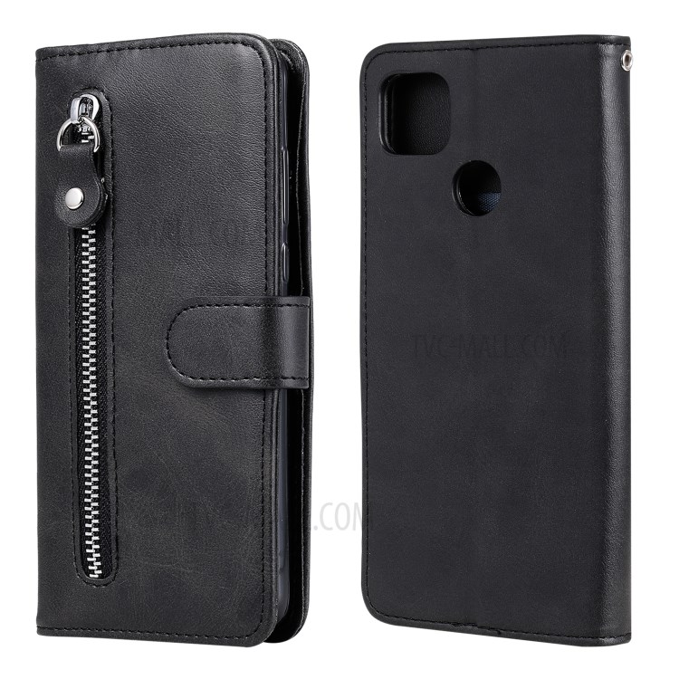 Zipper Pocket Wallet Leather Stand Case for Xiaomi Redmi 9C - Black-1