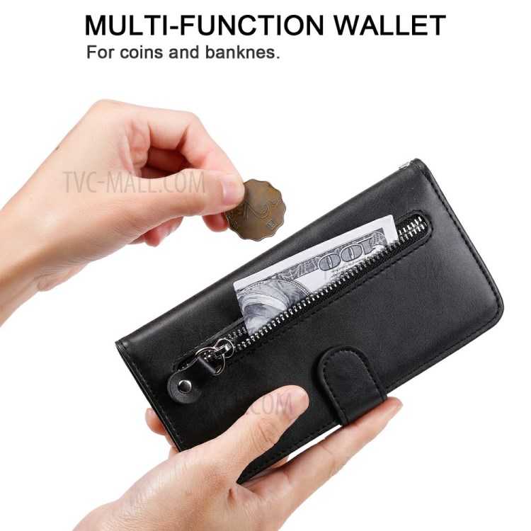 Zipper Pocket Wallet Leather Stand Case for Xiaomi Redmi 9 - Black-10