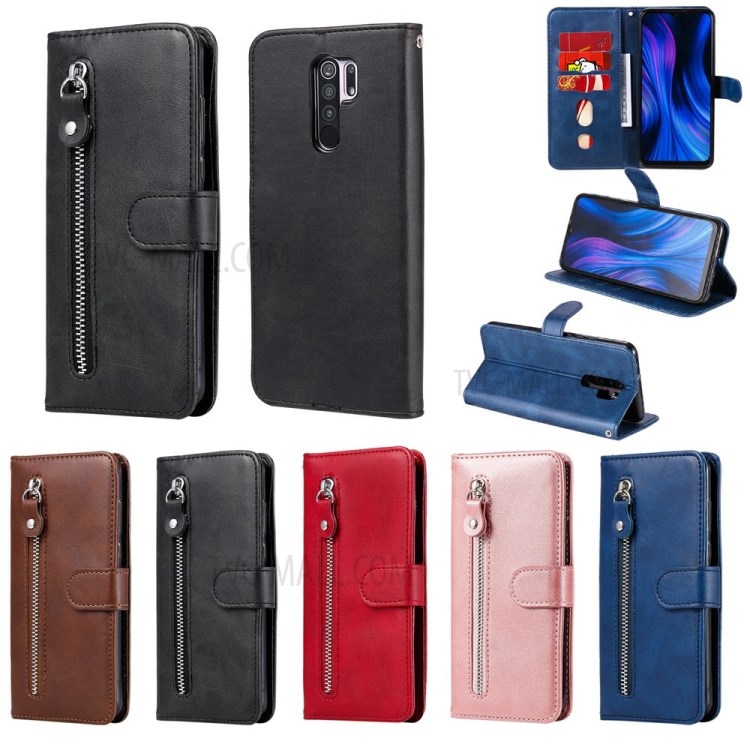 Zipper Pocket Wallet Leather Stand Case for Xiaomi Redmi 9 - Black-12