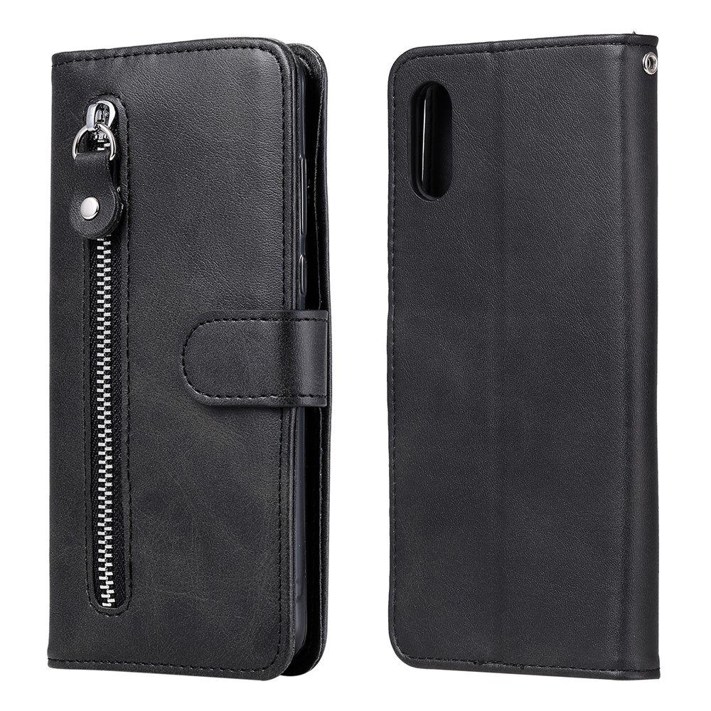 Zipper Pocket Wallet Leather Stand Case for Xiaomi Redmi 9A - Black-1