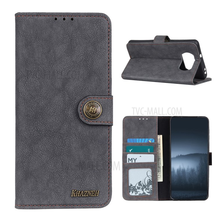 KHAZNEH Vintage Style Leather Wallet Stand Phone Case for Xiaomi Poco X3 NFC - Black-1