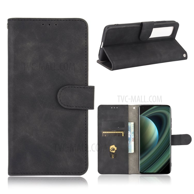 Skin-touch Wallet Stand Flip Leather Phone Case for Xiaomi Mi 10 Ultra - Black-1