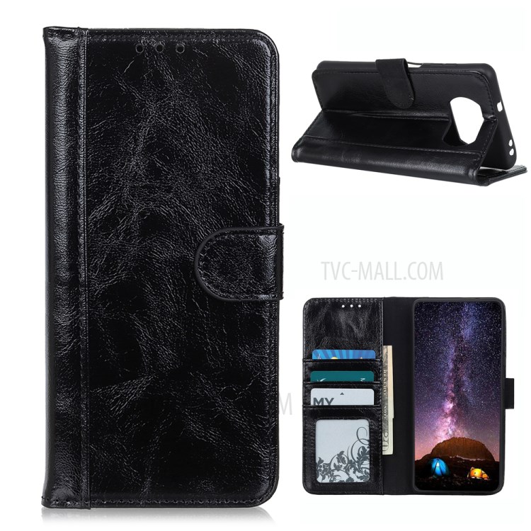 Phone Case Crazy Horse Texture Leather Stand Shell for Xiaomi Poco X3 NFC/Poco X3 - Black-1