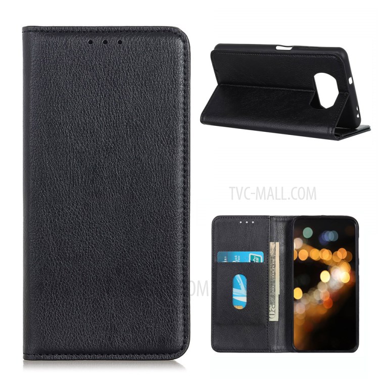 Auto-absorbed Litchi Texture Split Leather Case Phone Shell for Xiaomi Poco X3 NFC/Poco X3 - Black-1