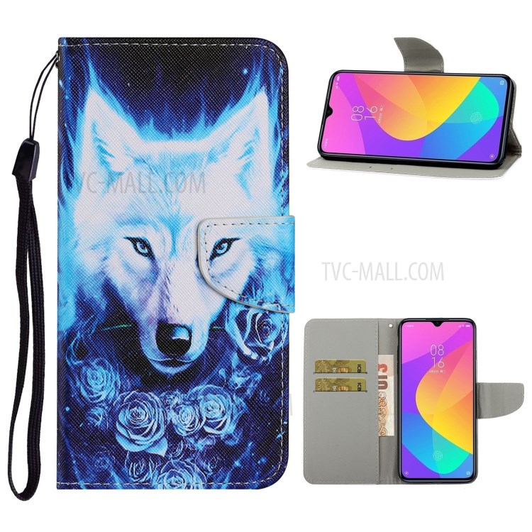 Pattern Printing Leather Wallet Stylish Stand Case with Handy Strap for Xiaomi Redmi 9 - Wolf-1