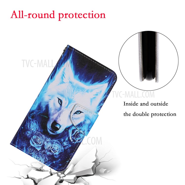 Pattern Printing Leather Wallet Stylish Stand Case with Handy Strap for Xiaomi Redmi 9 - Wolf-4