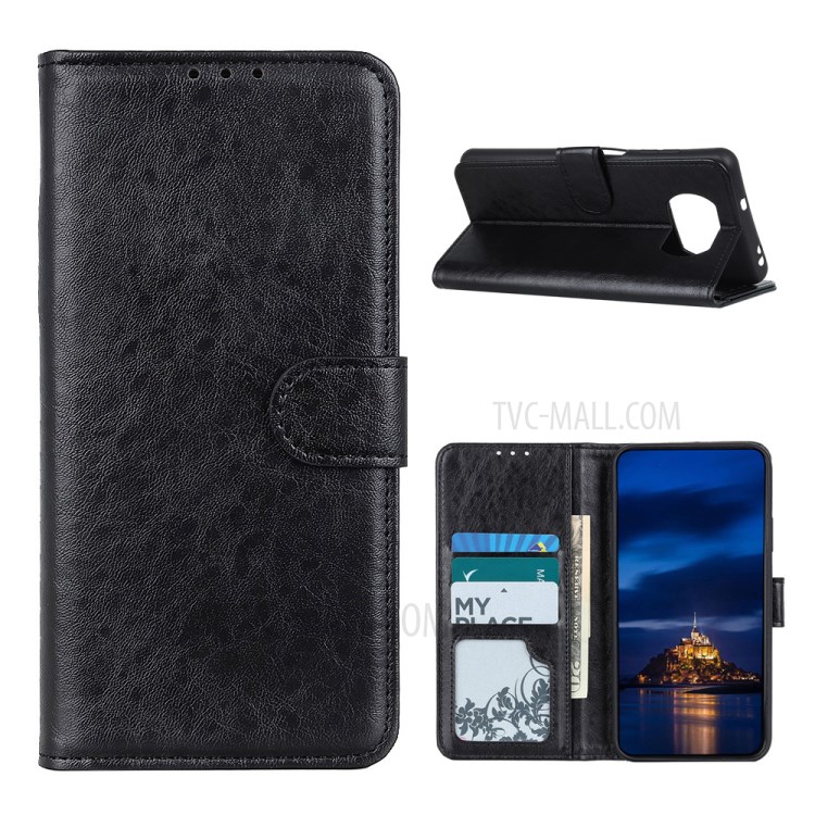 Crazy Horse Leather Shell Wallet Stand Cell Phone Covering for Xiaomi Poco X3 NFC/Poco X3 - Black-1