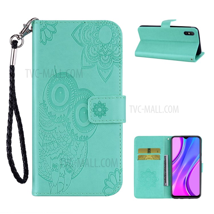 Imprint Owl Flower Leather Wallet Stand Shell for Xiaomi Redmi 9A - Cyan-1