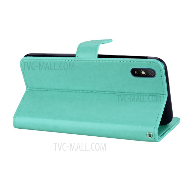 Imprint Owl Flower Leather Wallet Stand Shell for Xiaomi Redmi 9A - Cyan-4