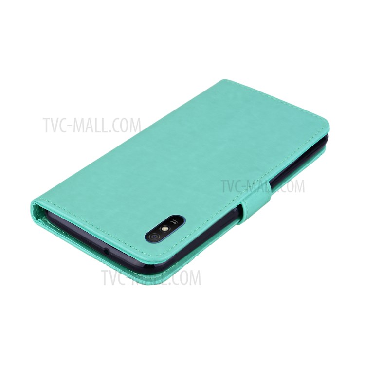 Imprint Owl Flower Leather Wallet Stand Shell for Xiaomi Redmi 9A - Cyan-6