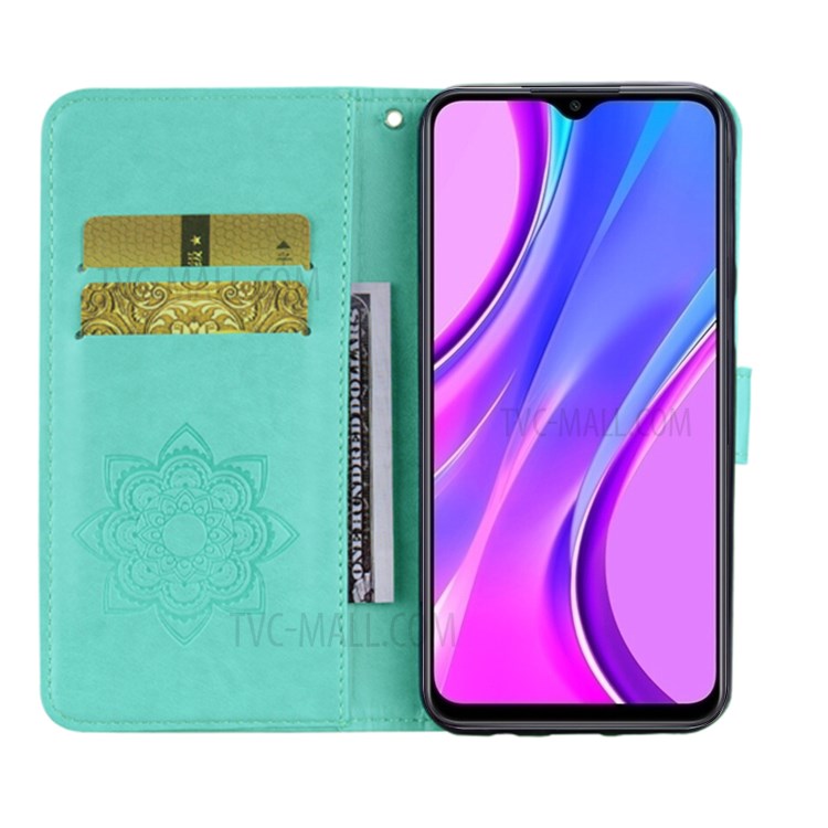 Imprint Owl Flower Leather Wallet Stand Shell for Xiaomi Redmi 9A - Cyan-7