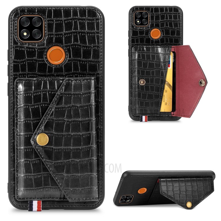 Crocodile Skin PU Leather Coated TPU Shell with Card Slot Kickstand for Xiaomi Redmi 9C - Black-1
