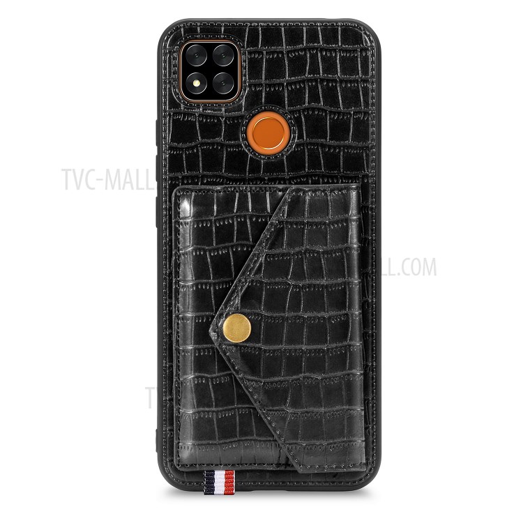 Crocodile Skin PU Leather Coated TPU Shell with Card Slot Kickstand for Xiaomi Redmi 9C - Black-3