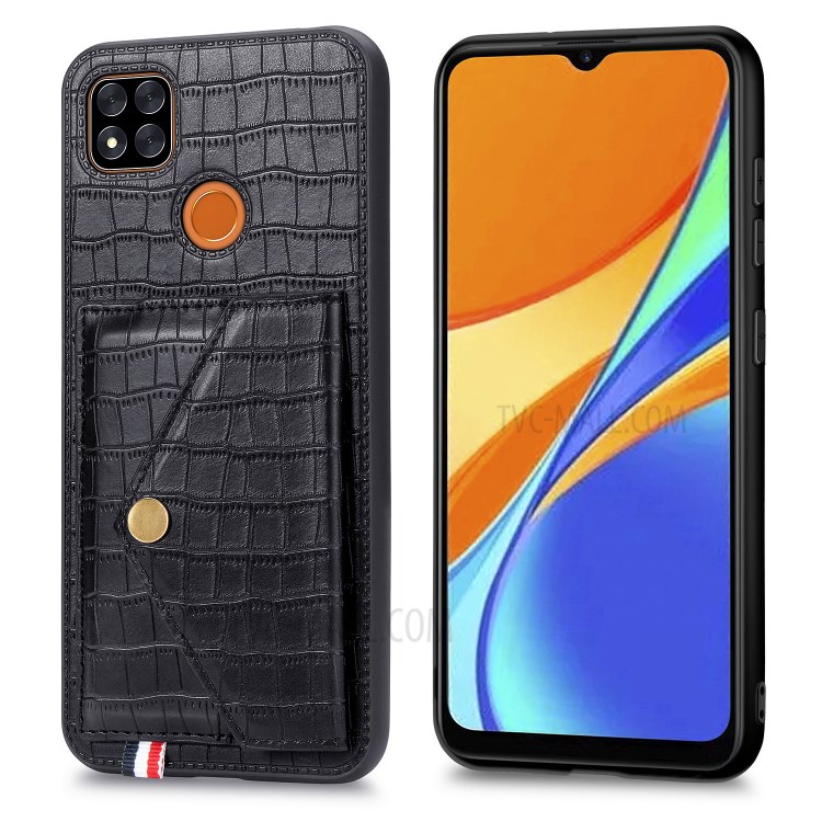 Crocodile Skin PU Leather Coated TPU Shell with Card Slot Kickstand for Xiaomi Redmi 9C - Black-4