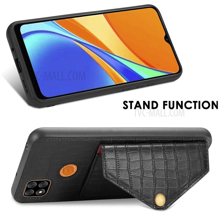 Crocodile Skin PU Leather Coated TPU Shell with Card Slot Kickstand for Xiaomi Redmi 9C - Black-8