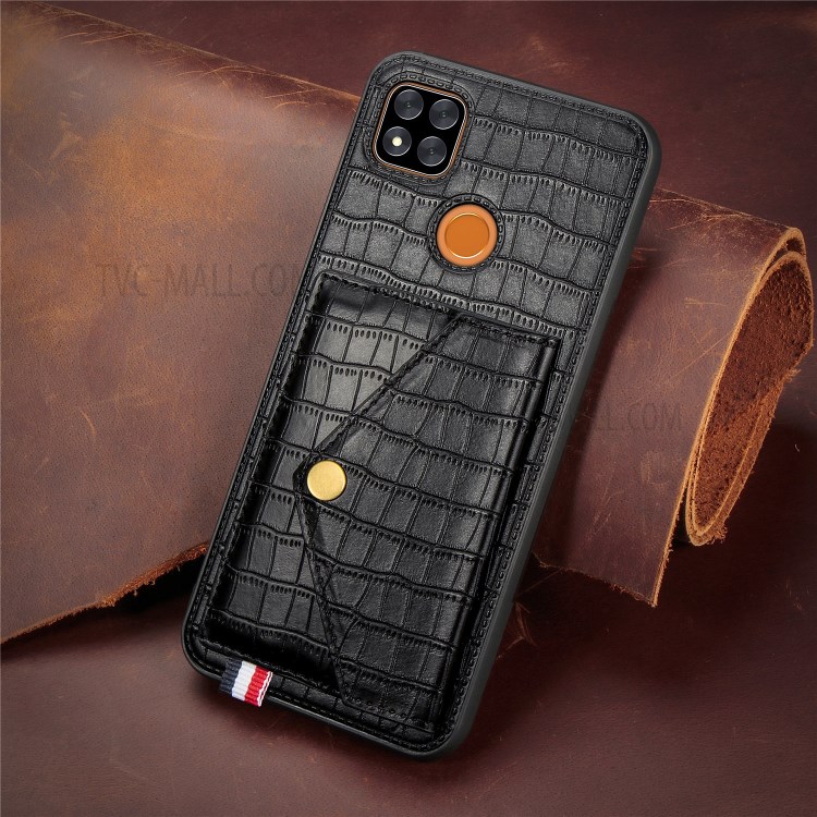 Crocodile Skin PU Leather Coated TPU Shell with Card Slot Kickstand for Xiaomi Redmi 9C - Black-9